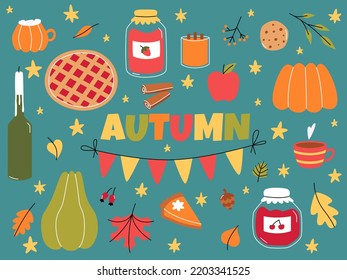 Set autumn elements. Cozy warm fall. Cute cottagecore symbols.