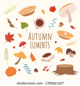 Set of autumn elements in cute hand drawn design, isolated on yellow background, perfect for card decoration