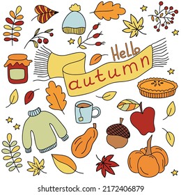 a set of autumn elements in the doodle style. vector illustration isolated