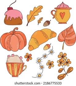 Set of autumn elements in doodle style. Pumpkins, cocoa with marshmallows, autumn leaves, dried flowers, croissant, acorns and other autumn details. Color cute illustration, autumn color