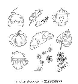 Set of autumn elements in doodle style. Pumpkins, cocoa with marshmallows, autumn leaves, dried flowers, croissant, acorns and other autumn details. Outline, black and white illustration, autumn color