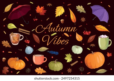 Set of autumn elements: fall leaves, maple, acorns, berries, oak, pumpkins, umbrellas, hot drinks, pine cones, spices. Harvest time. Vector illustration