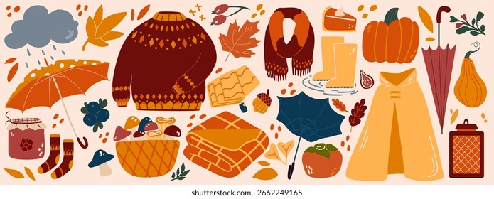 Set of autumn elements. Fall season collection. Pumpkin, rain and umbrella, raincoat and wellies.