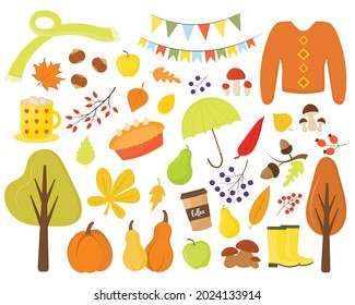 Set of autumn elements: falling leaves, pumpkins, sweater, trees, berries. Collection of autumn attributes isolated. Fall season elements perfect for scrapbook, card, poster, invitation, sticker kit.