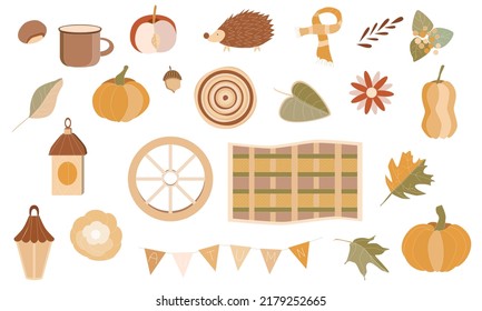 Set of autumn elements, falling leaves, a cute hedgehog, various pumpkins. Cliparts for scrapbook.