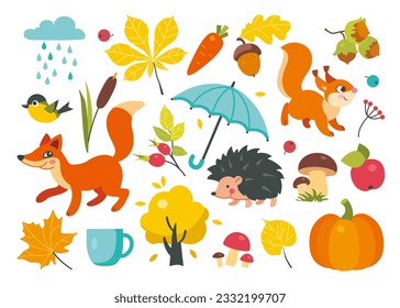 Set of autumn elements in flat style. Fall icons with fox, squirrel, hedgehog, autumn leaves, rosehip, berries, umbrella, cup, tree, acorn, nut, pumpkin, rain, bird, mushroom. Vector illustration.