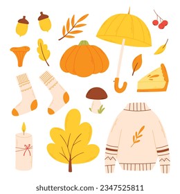 Set of autumn elements in a flat style. Hand drawn hello autumn collection. Vector illustration.