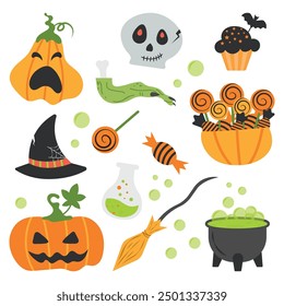 Set of autumn elements for Halloween party on white background. Vector illustration is perfect for stickers, invitations