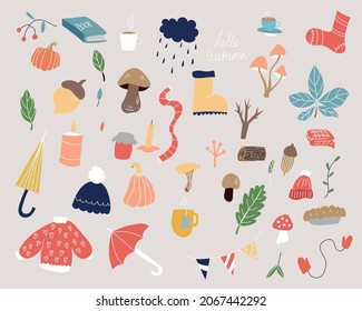 A set of autumn elements. Hat, umbrella, pumpkin. Icons, doodles. Vector illustration