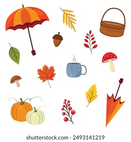 Un conjunto de Elementos de otoño. Iconos de otoño. Hojas, setas, cesta, calabaza, bayas, bellota, taza, paraguas. Ilustración vectorial plana.