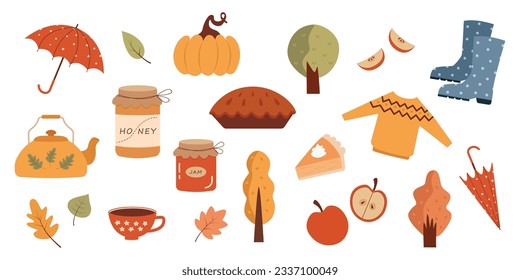 Set of autumn elements illustration. Vector set of fall icons or stickers, autumn card.Umbrella,sweater,pumpkin,leaves and etc.