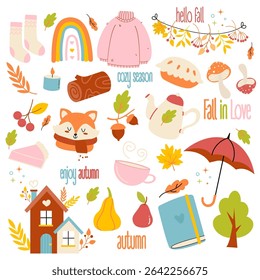 Set of autumn elements with inscriptions