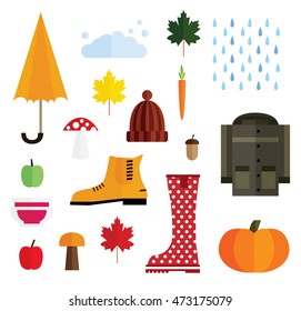 Conjunto de elementos del otoño aislados en fondo blanco. Ilustración vectorial.