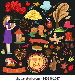 Set of autumn elements and labels. Vector graphics.