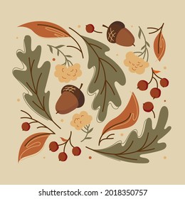 Set of autumn elements. Leaves, acorns and berries. Vector image.