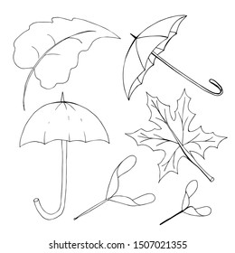 Set of autumn elements on a white background. Umbrellas and maple leaves.
