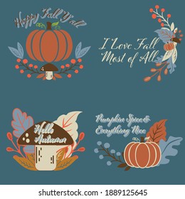 Set of Autumn Elements with pumpkins, mushrooms and florals. Fall vectors for cards, print, textiles and decor.