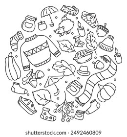 Set of autumn elements round frame. Autumn forest and garden collection.Fall season.Hand drawn vector illustration.Autumn clothing. Casual wears.Rainy season accessories. Autumn scrapbook bundle.