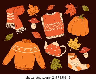 Set of autumn elements. Scarf, sweater, socks, teapot, pumpkin, vest, leaves. Flat vector illustration.