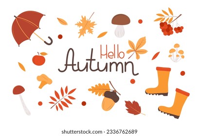 Set of autumn elements. Autumn shower, mushrooms, umbrella, rubber boots. Vector illustration.