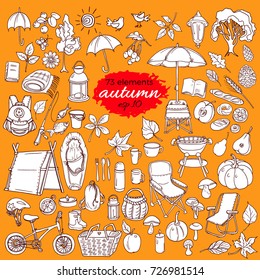 Set of autumn elements. Sketch collection of picnic in nature, sport with kid, rest in park, harvest, drink tea. Hand drawn farm organic vegetables. Doodle design. Vector isolated eps.10  