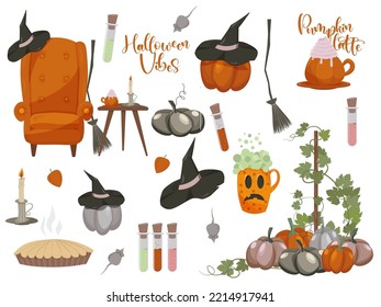 Set of autumn elements stickers. Thanksgiving and Halloween vibes. Pumpkins and witches.