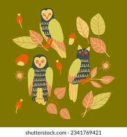 Set with autumn elements such as leaves, owls, berries. Isolated fall coloured elements for stickers, t-shirs printing.