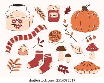 Set of autumn elements. Teapot, scarf, jam, socks, pie, mushrooms, leaves. Flat vector illustration.