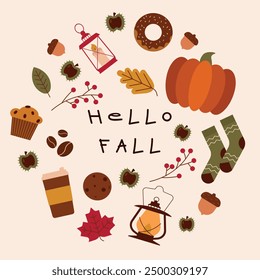 Set of autumn elements and things. Hello fall vector illustration in flat simple style. Collection of isolated seasonal icons. Sweater weather aesthetic