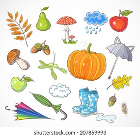 Set of autumn elements. Vector illustration. Mushroom, pumpkin, apple, autumn leaves, umbrellas.