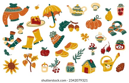 Un conjunto de elementos otoñales. Ilustración vectorial de calabaza, paraguas, tarta, setas, botas de goma, bayas, frutas, hojas de otoño y mucho más. Un conjunto de stickers sobre el tema del otoño