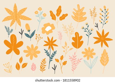 Set of autumn elements.Autumn orange and yellow leaves.Hand drawn autumn leaves