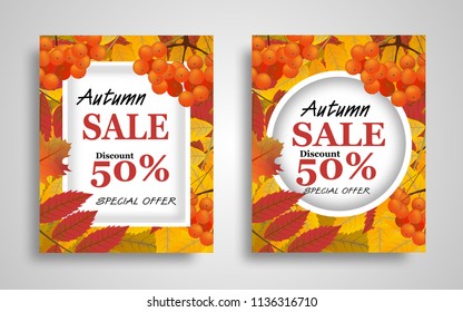 Set autumn or fall background with branch of rowan and maple leaves. Poster Sale or Back to School. Vector illustration.