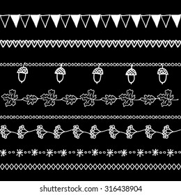 Set of autumn, fall chalk doodle hand drawn dividers, garlands, borders on blackboard, vector elements