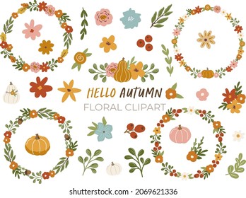 Set Of Autumn Fall Clipart Isolated Objects. Autumn Set Vector Cute Illustration On White Background.