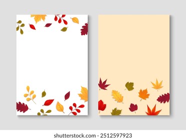 Conjunto de otoño otoño diseño con hojas de otoño. Cartel de temporada, tarjeta, cubierta, Plantilla de volante. Ilustración vectorial