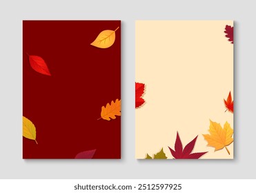 Set of autumn fall design with autumn leaves. Seasonal poster, card, cover, flyer template. Vector illustration