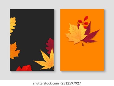 Set of autumn fall design with autumn leaves. Seasonal poster, card, cover, flyer template. Vector illustration