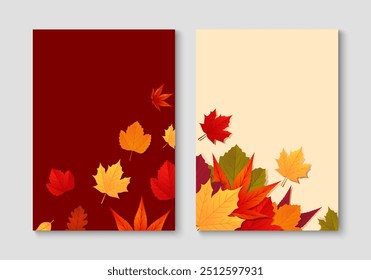 Conjunto de otoño otoño diseño con hojas de otoño. Cartel de temporada, tarjeta, cubierta, Plantilla de volante. Ilustración vectorial