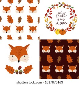 Set of autumn fall isolated elements. Vector seamless patterns with fox and oak leaves on dark and white backgrounds. Circle wreath template with pumpkins, mushrooms. Fox face.  Flat cartoon design. 