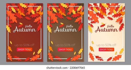 Set of Autumn Fall Sale promotional posters. Bright colored autumn leaves with discount text and frame on different backgrounds. Vector layout for your design.