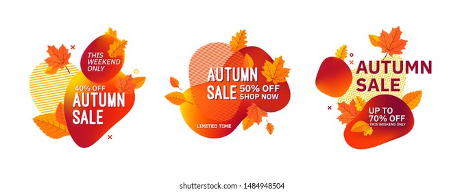 Set Of Autumn Fall Season Abstract Compositions. Sale Discount Special Offers Text And Colorful Gradient Shapes.