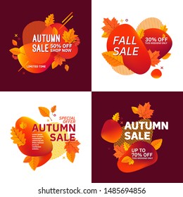 Set of autumn fall season abstract compositions. Sale discount special offers text and colorful gradient shapes.