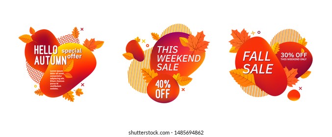 Set of autumn fall season abstract compositions. Sale discount special offers text and colorful gradient shapes.