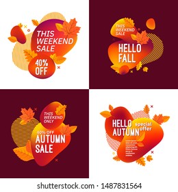 Set of autumn fall season abstract compositions. Sale discount special offers text and colorful gradient shapes.