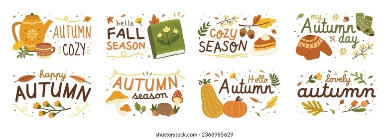 Set von Herbst und Herbst-Saison-Konzept-Buchstaben mit gemütlichen Element Teekanne, Pullover, Buch, Kürbis, Eichel, Pilze und Blätter. Handgezeichnete Vektorgrafik im Cartoon-Stil einzeln auf weißem Hintergrund.