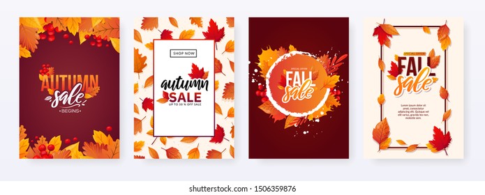 Set of Autumn Fall Season Sale Ad Posters. Colorful fall leaves and advertising discount text. Vector backgrounds design.
