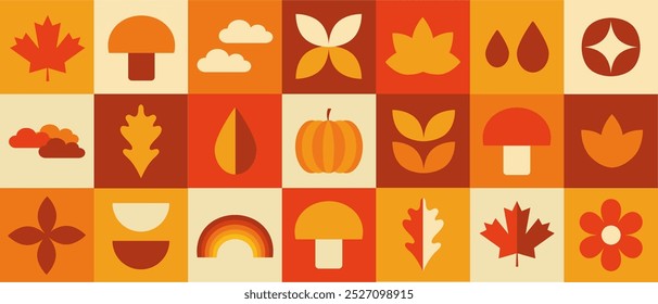set of autumn fall shapes, geometric bauhaus minimalistic elements for design, contemporary natural organic harvest background, vector banner