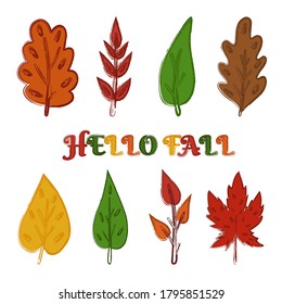 Set of autumn fall vector elements. Oak, maple, birch leaves. Orange, green, red foliage. Hello fall lettering. Grunge style. Vector clip art isolated on white background.