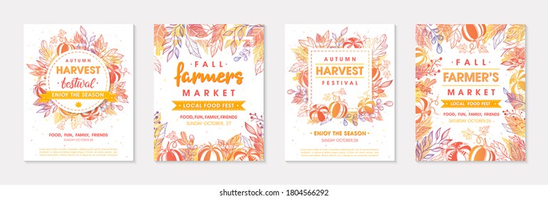 Set of autumn farmers market banners with leaves and floral elements.Local food fest design perfect for prints,flyers,banners,invitations.Fall harvest festival.Vector autumn illustrations.